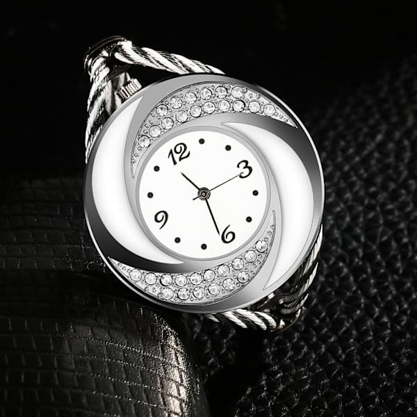 Geekthink Rhinestone Quartz Analog Watch Open Bangle Alloy Case Wristwatch Silver White