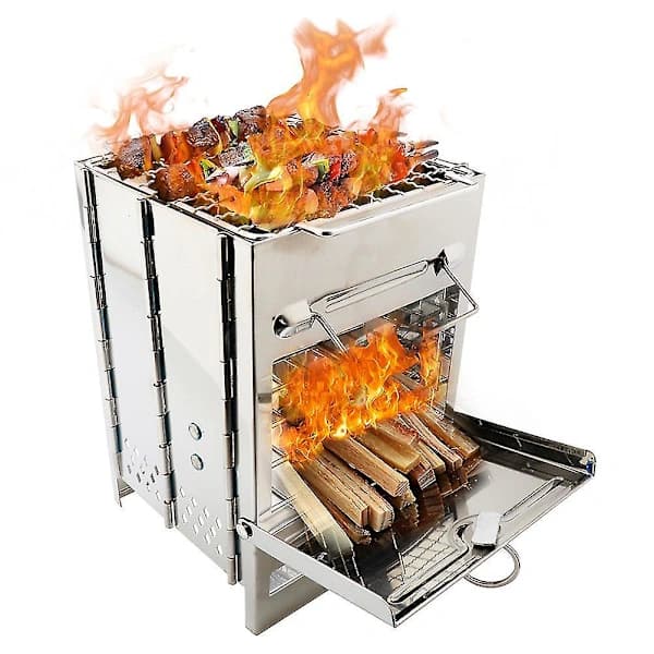 Bærbar sammenklappelig campingovn i rustfrit stål til brændefyring, grill til udendørs picnic, sølv 21 x 15 x 15 cm