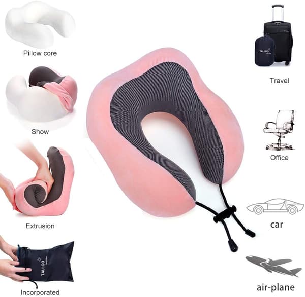 Resepill, Bedste Memory Foam Nakkepude Blød Pude til Sovning, Fly Bil og Hjemmebrug (Pink) 1 Styk