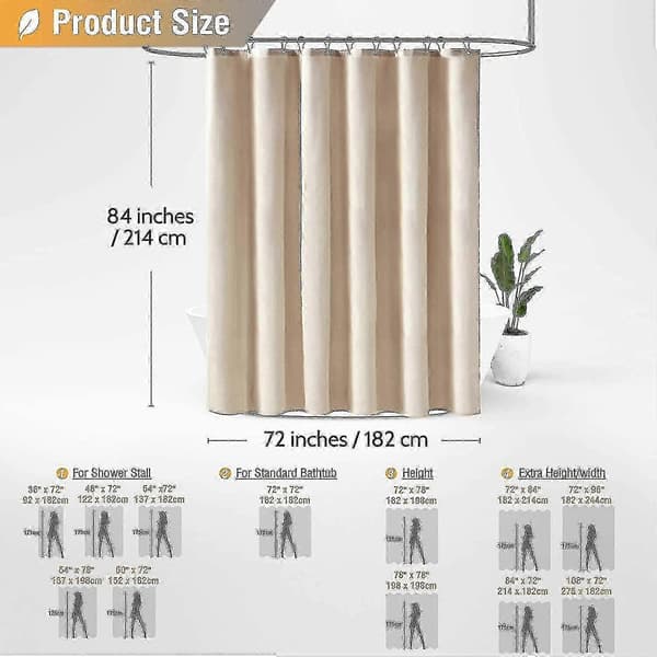 Extra lång 180 x 210 cm beige krämfärgad duschdraperi i linnestruktur av polyester med 12 krokar
