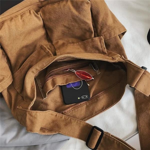 Stor Canvas Messenger Taske med Flere Rum Casual Dame Herre Skuldertaske Brun