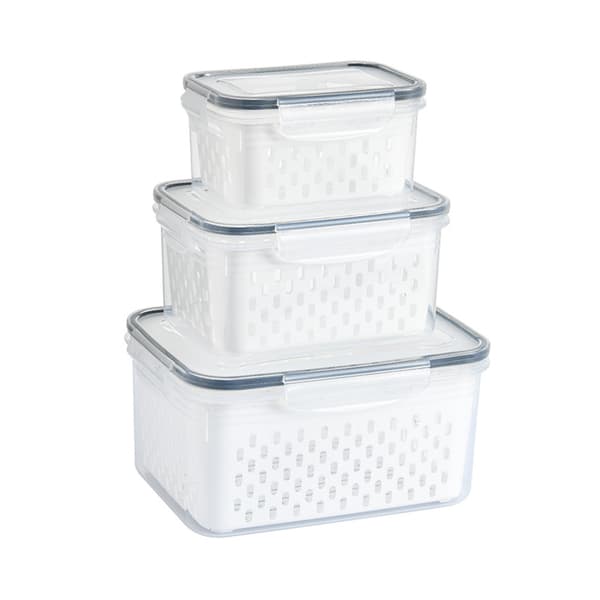 3-pack Drain Storage Basket Transparent Leak-Proof Food Storage Container with Removable Colander for Refrigerator