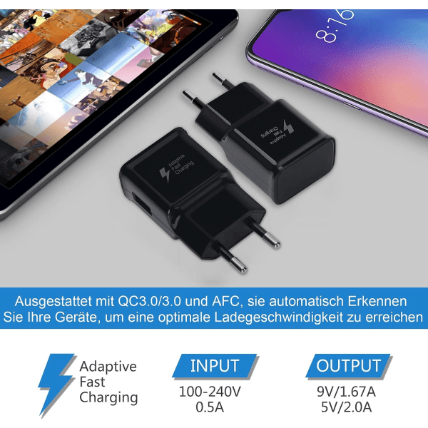 Sort Kompatibel Oplader 2-pak Hurtig USB Opladningsadapter til Samsung S22/S21/S20/S10/S10E/S6/S7/S8/S9/Edge/Plus/Active/A72/A53 5G, Note 5 8, Note 9
