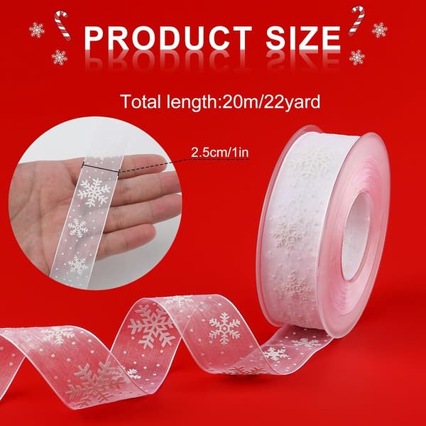 Julband 22 meter x 1 tum, vitt snöflingeband Christm