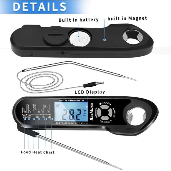 Køkkentermometer grilltermometer termometer med øjeblikkelig aflæsning kødtermometer med 2 lange prober og LCD-skærm til grillning