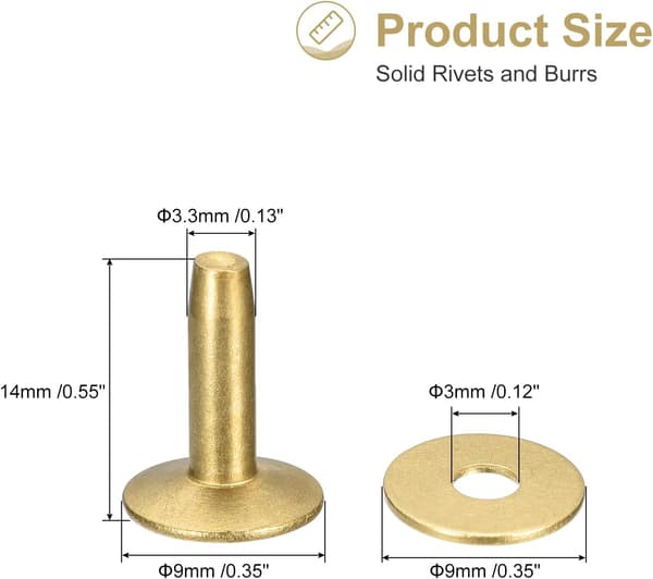 10 sæt messingnitter og skiver, 9x3.3x14mm massive læder messingnitter til læder DIY håndværkstilbehør, guldtonet