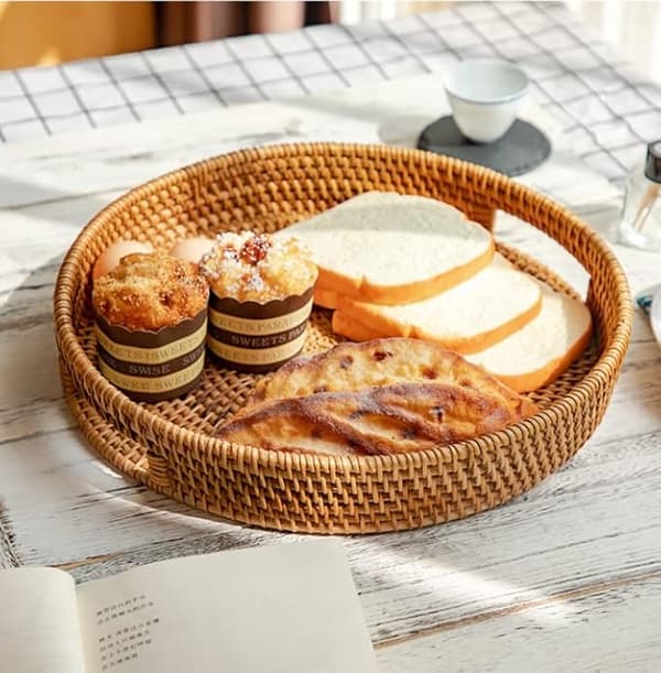 30 cm Round Rattan Serving Tray, Rattan Serving Tray with Cutout Handles, Woven Fruit/Bread Basket