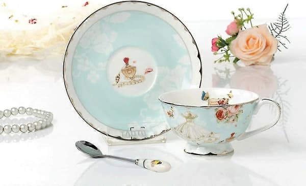 Fine benporcelæn tekopper og underkopper, pastelblå blomstret design kaffekrus tekopper sæt med gaveæske til kvinder mor, 200 ml