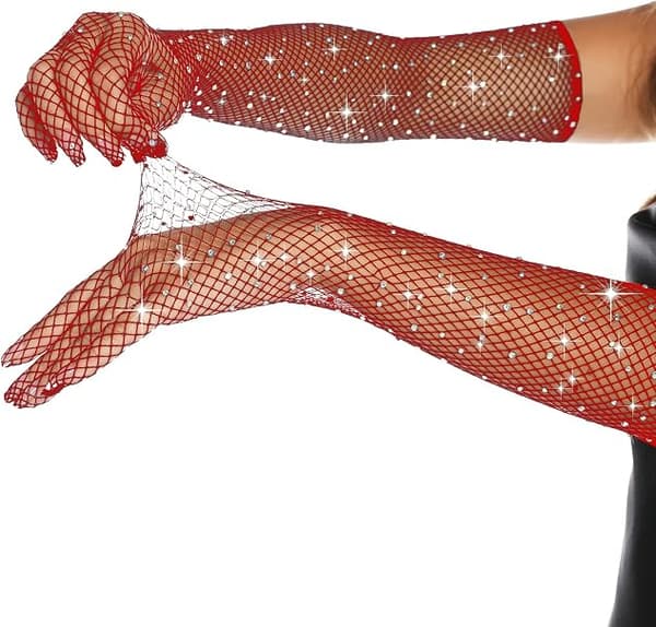 Rød - Dame nettingstrømper med glitter, festlige hansker, glitterballhansker, tilbehør, klassisk stil fra 1920-tallet