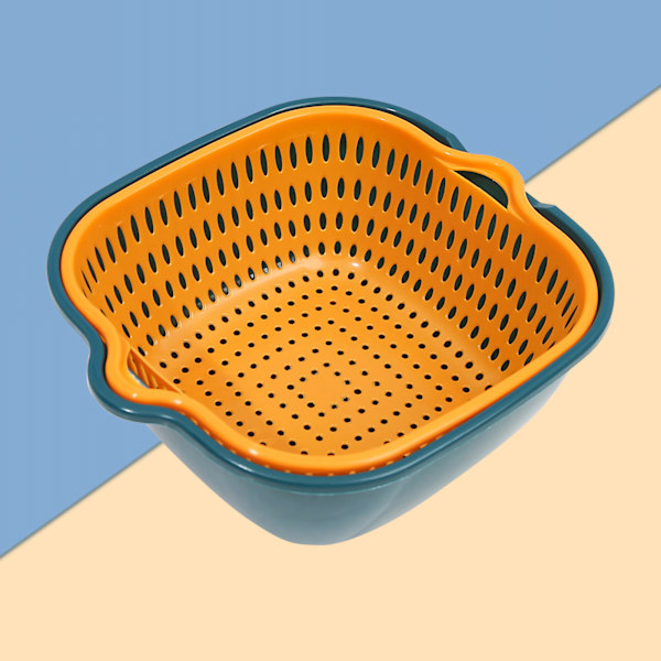 Vegetable Washing Basket Double Layer Drains Quickly Hanging Multifunctional Fruit Strainer with Side Handle for Kitchen L Blue Yellow
