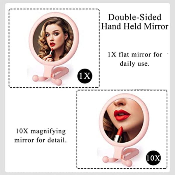 10X Portable Magnifying Glass, Double-Sided Folding Makeup Mirror, Handheld Mirror with Adjustable Handle (Pink)