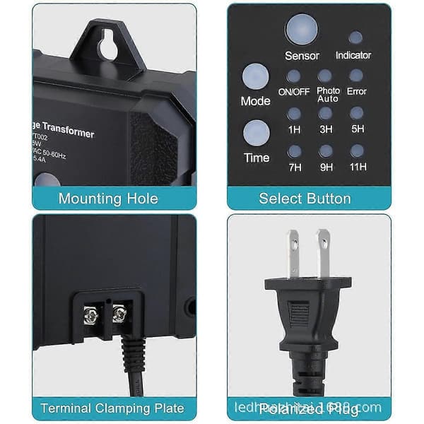 65W Utomhus Lågspänningstransformator med Timer och Fotocellssensor, 120V AC till 12V DC Väderbeständig för LED Landskapsbelysning