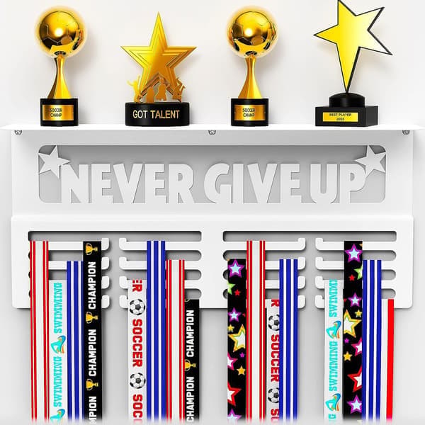 Never Give Up Medal Hanger with Shelf - Easy Installation Carbon Steel Trophy and Medal Display - FA - White white