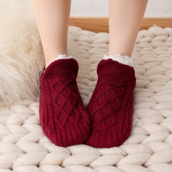 Women's Slippers, Fluffy Fleece Lined Non-Slip Socks, Red, Size 38-42 (26cm)