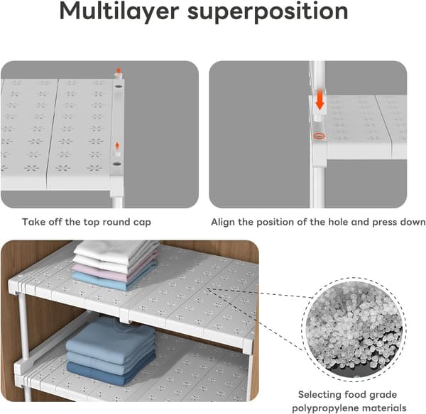 Kitchen Shelf Telescopic Storage Shelf Extendable Wardrobe Shelf Multifunctional Storage Shelf White
