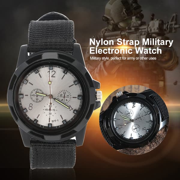 Electronic Analog Wristwatch Round Nylon Strap Military Wrist Watch (Silver Dial)