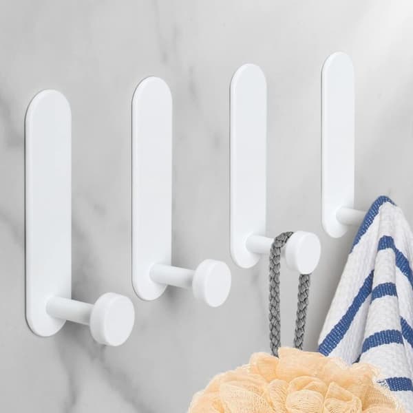 Self-adhesive hook, 4 pcs aluminum bathroom wall hook without drilling waterproof towel holder, tea towel hanger kitchen office hooks, white