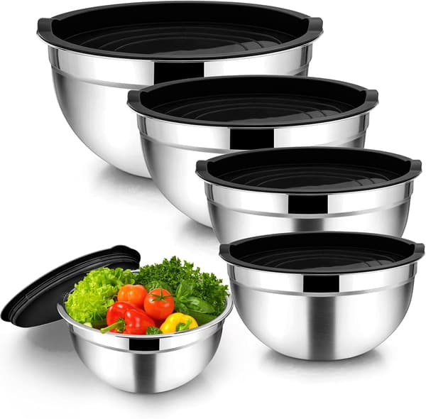 Stainless Steel Bowls with Airtight Lids, 5-Piece Stackable Salad Bowls for Space Saving Storage, Metal Serving Bowl