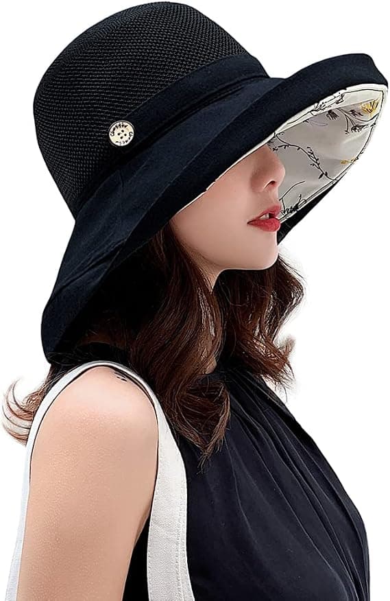 Mesh solhatter for kvinner - UPF UV-beskyttelse - Sammenleggbar - Bred brem - Hakestropp (svart)