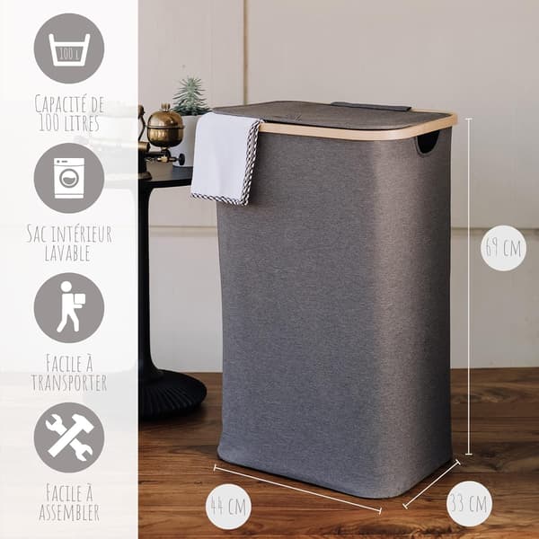 Grey Laundry Basket - XL 100 Liters - Large Laundry Hamper with Lid and Handles - Laundry Basket for Bedroom - Bamboo Laundry Hamper for Bathroom