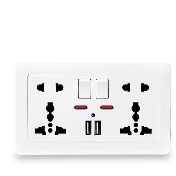 Vit Universell 5-hulls veggkontakt med LED-indikator