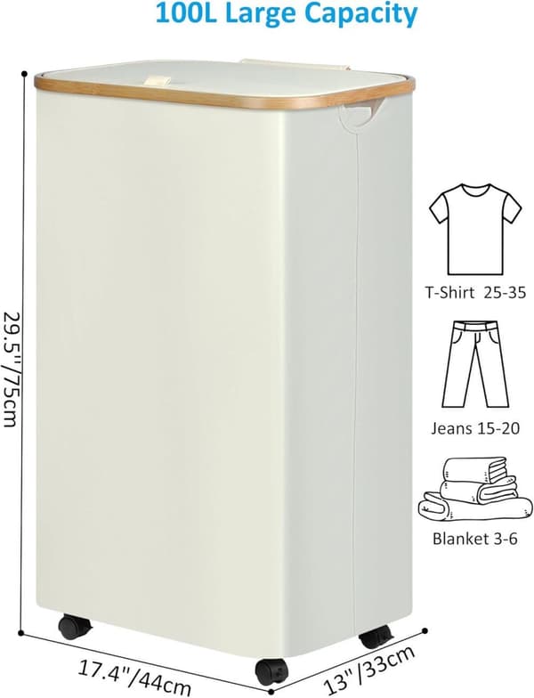 Laundry Basket on Wheels 100L - Slim Laundry Hamper with Lid, Bamboo Handle & Removable Bag Beige