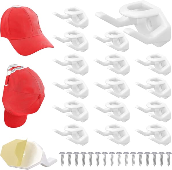White 16-Pack Self-Adhesive Hat Hangers - Self-Adhesive Wall Hat Holder for Baseball Caps - No-Drill Wall Mount for B