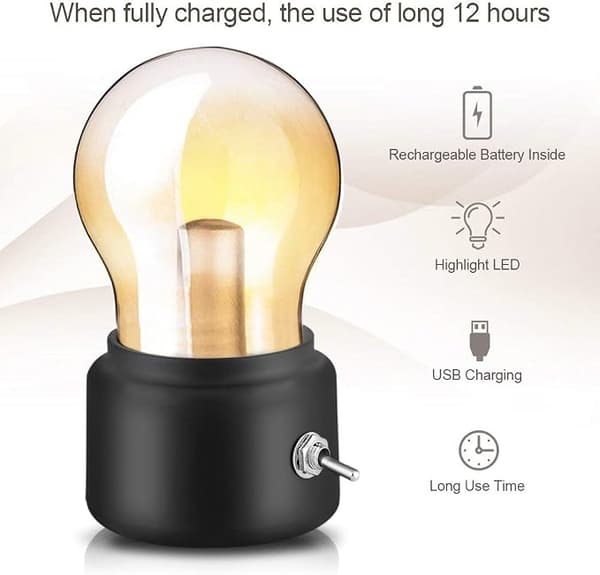 Retro Sengelampe Pære (Sort), USB Genopladelig LED Natlampe
