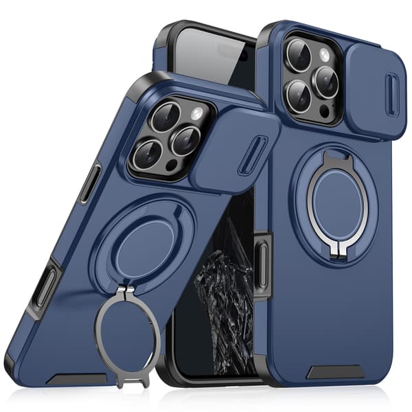 Magnetisk ringstativ-cover til iPhone 15 Pro Max med skydbart linsebeskyttelse, orange