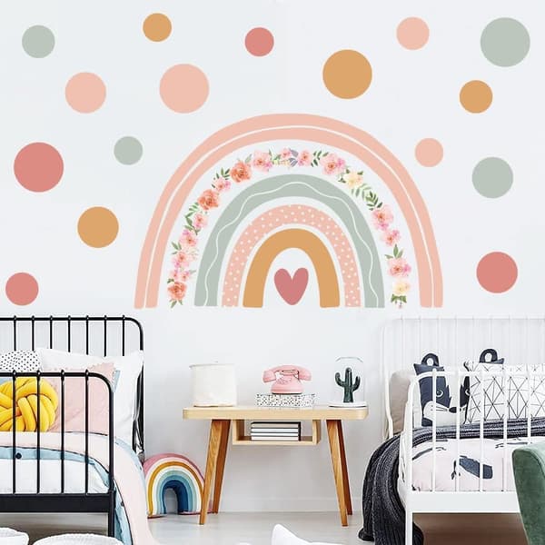 Sateenkaari seinätarra Boho pilkullinen seinätarra vaaleanpunaiset kukat seinätarra