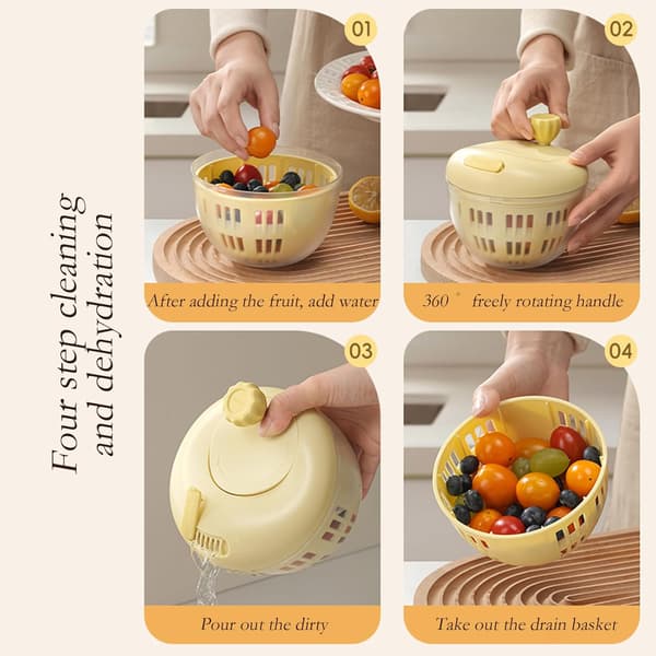 Black & Pink Fruit Washing Container with Lid & 360° Rotating Handle - Berry Strainer, Colander & Refrigerator Storage Bowl for Kitchen