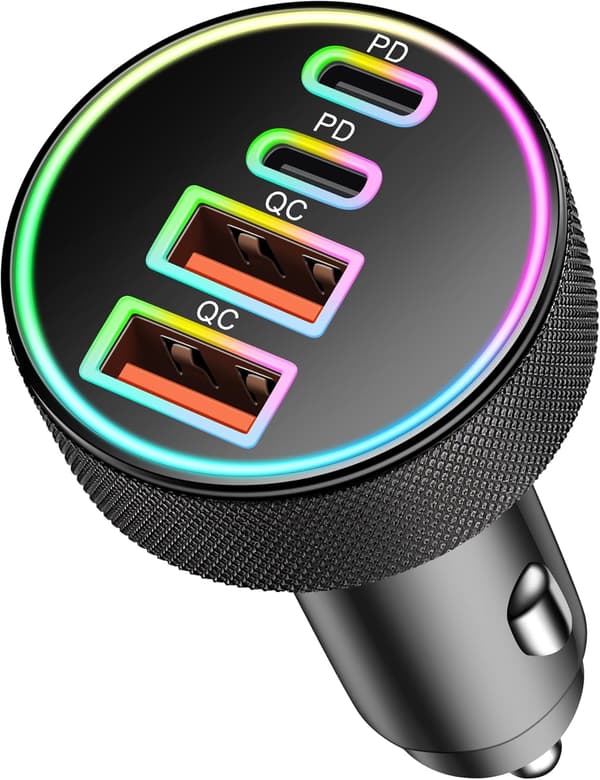 90W USB C Car Charger, 4-Port Dual 45W USB C A Car Adapter Multi PD QC Fast Charging Cigarette Lighter 12V Socket for iPhone Samsung Galaxy