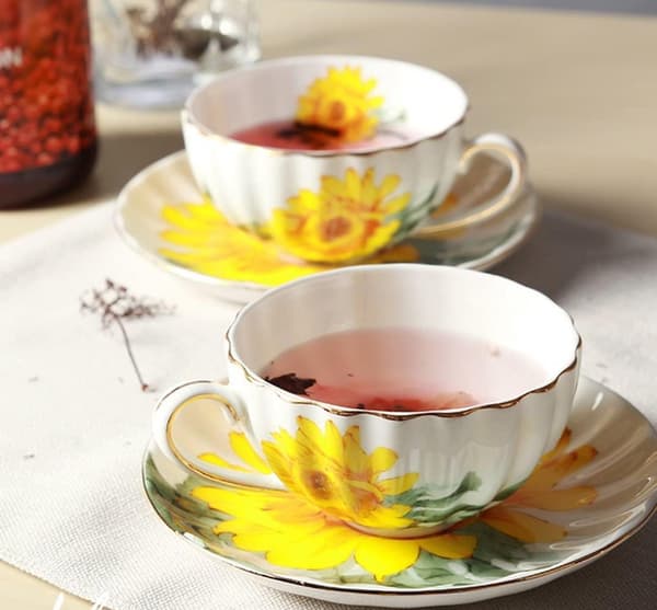 Keramisk tekopp Solros Vintage Kaffemugg Tekopp med fat, Set om 4 -