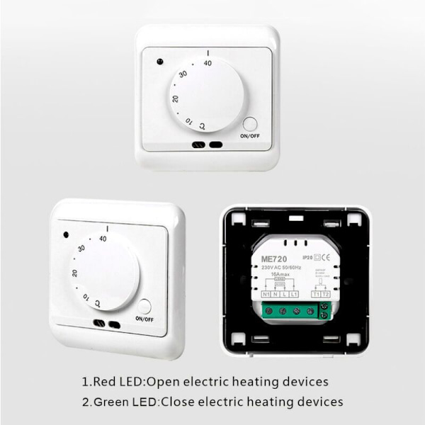 Non-programmable Mechanical Manual Thermostat 230V Room Temperature Controller Floor Heating Thermostats with Anti-freeze Function 5-40°C, White