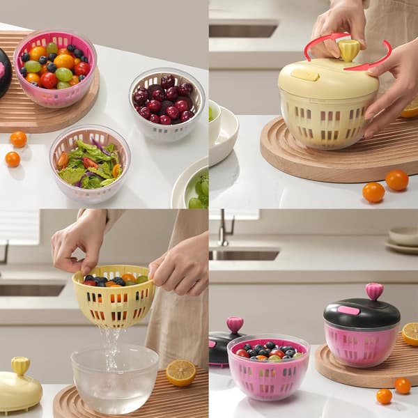 Black & Pink Fruit Washing Container with Lid & 360° Rotating Handle - Berry Strainer, Colander & Refrigerator Storage Bowl for Kitchen