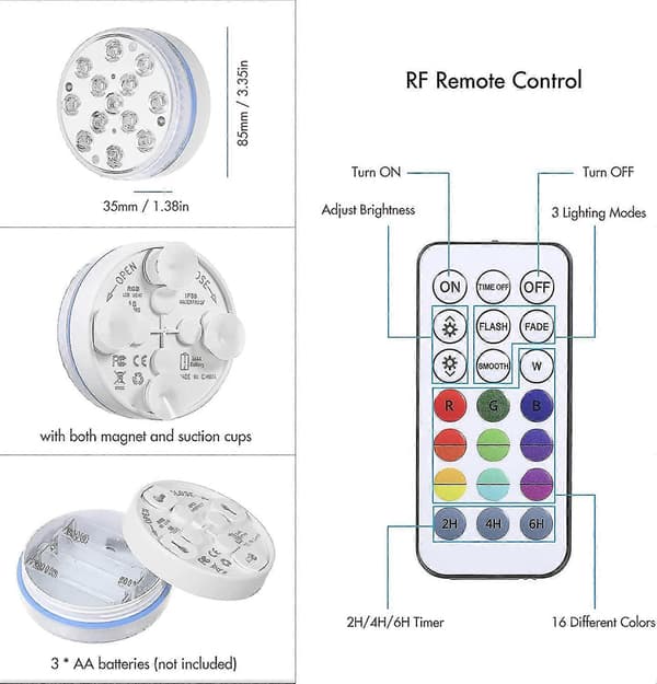 Hot Tub Lamp IP68 Waterproof Submersible LED Pool Light with RF Remote Control for Lazy Spa, Bathtub, Pond [DB]