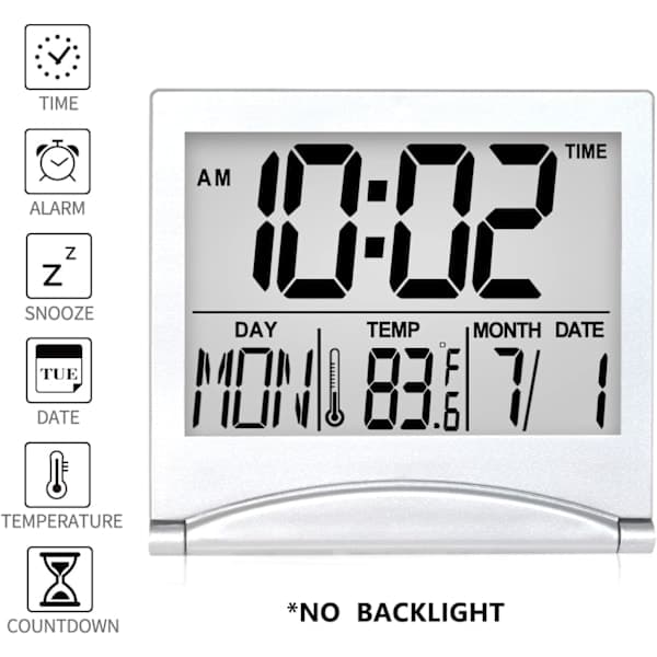 Digital Travel Alarm Clock - Foldable Calendar Temperature LCD Clock with Snooze Mode - Large Digit Display, Battery Operated (Silver, No Backlight)