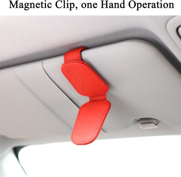 Solbrilleholder (rød) for solskjerm i bilen, magnetisk lærglass