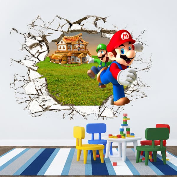 Väggdekaler 3D Bruten Vägg Mario Väggdekaler Mural Dekaler för Sovrum Vardagsrum TV-vägg