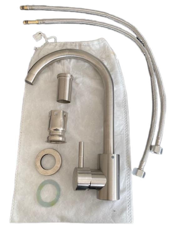 Brushed 2-function kitchen mixer with 360° rotating swivel spout in 304 stainless steel