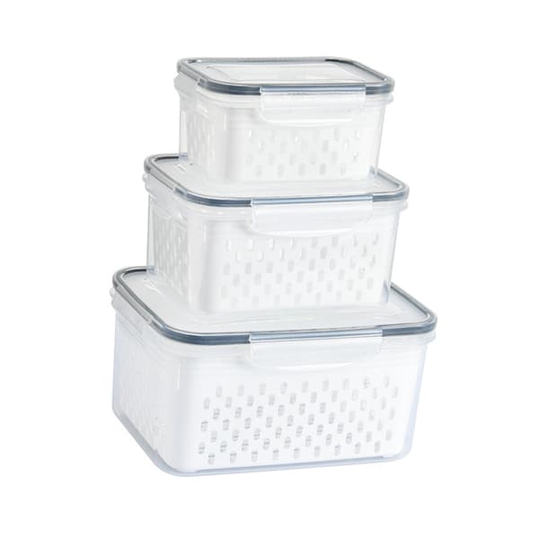 3-pack Drain Storage Basket Transparent Leak-Proof Food Storage Container with Removable Colander for Refrigerator