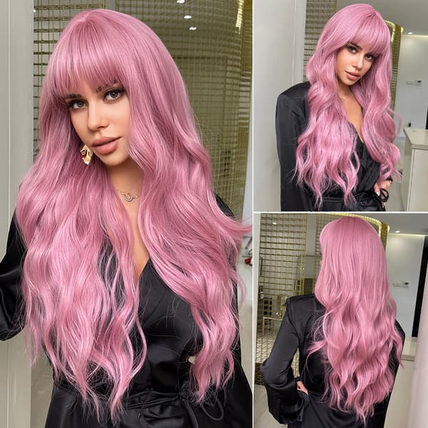 Long Pink Wig with Bangs, Natural Synthetic Hair, Wavy Wig for