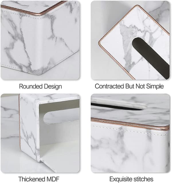 Rectangular PU Leather Tissue Box Facial Tissue Dispenser Box Holder for Vanity Bathroom Decor (White Marble Pattern)