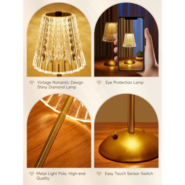 Touch krystallampe, 3 farver genopladelig lampe, trådløs lampe til soveværelse, Touch lampe sengelampe
