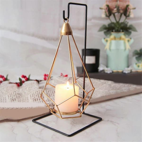 Iron Hanging Candlestick, Hanging Geometric Candlestick with Black Iron Stand, Luxury Romantic Candlestick Decor C