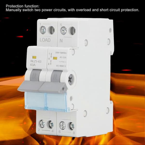 230VAC 63A Manual Dual Power Transfer Switch 35mm DIN Rail Single Sided Interlock Breaker 2P