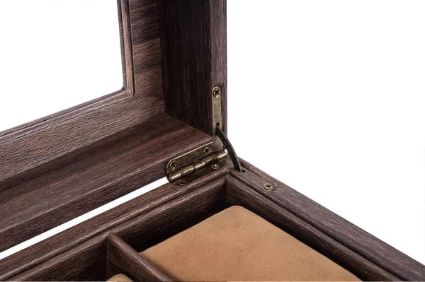 Watch Box 3 Slots, Real Glass Lid, PU Watch Display Box with Wood Grain