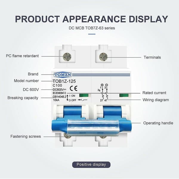 Sikring, DC MCB til solceller 2P 125A 600V Sikring PV batterisystem