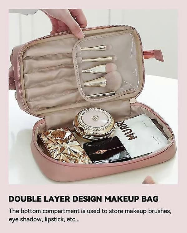 Stor makeuptaske til kvinder, bærbar rejse-makeuptaske, multifunktionel makeuptaske med dobbelt design, lavet af højkvalitets læder, pink