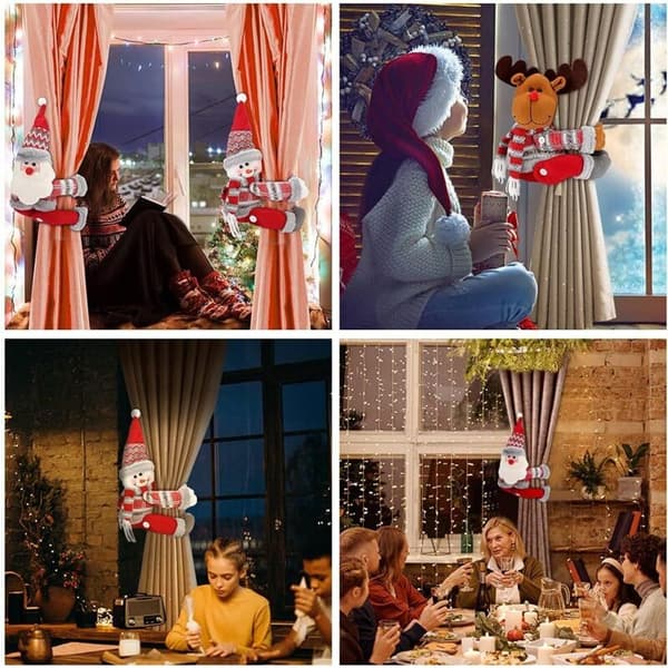 3 Pcs Christmas Curtain Tiebacks Cartoon Style Santa Snowman Elk Doll Window Decoration